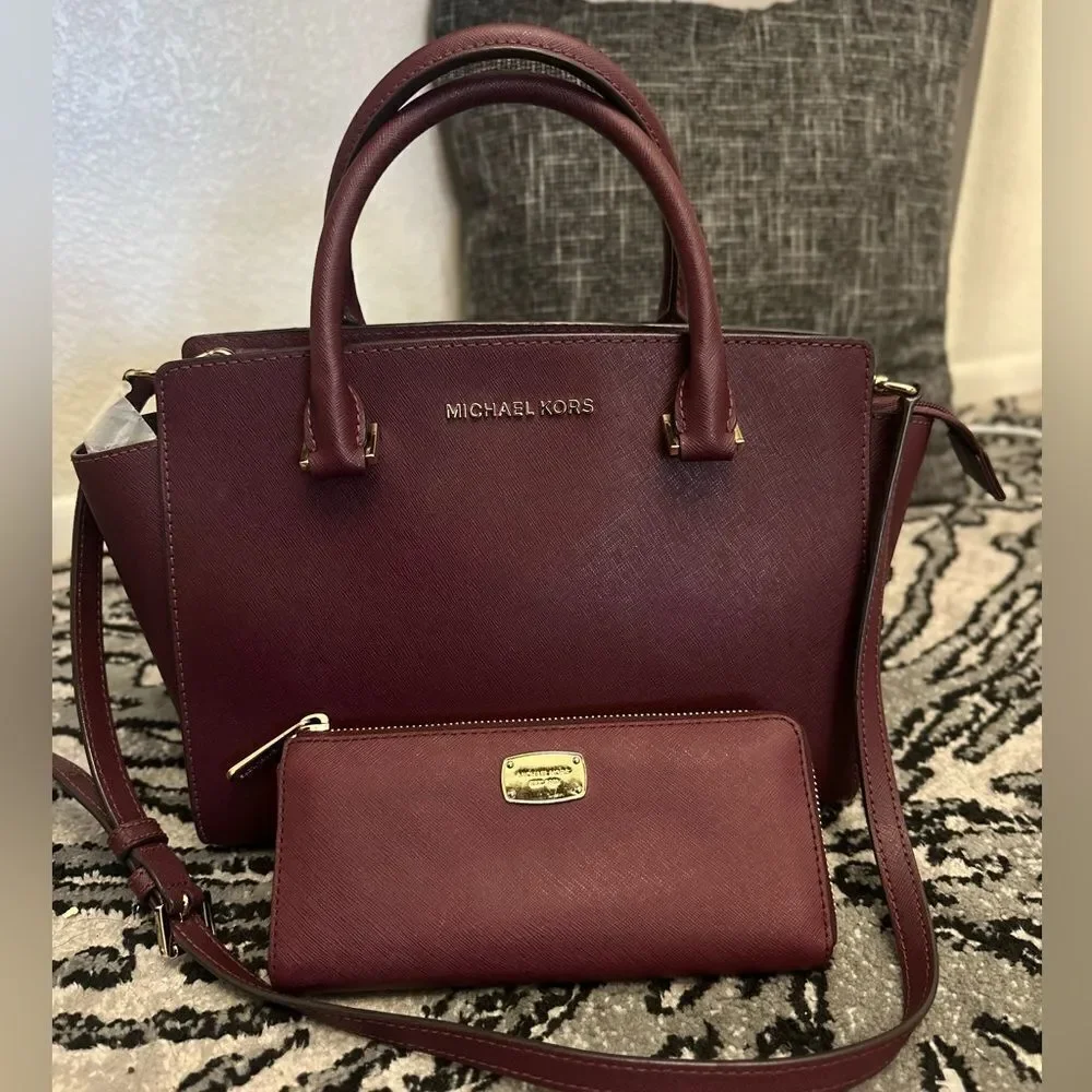 Michael Kors Burgundy Salma Medium Handbag and Wallet Set